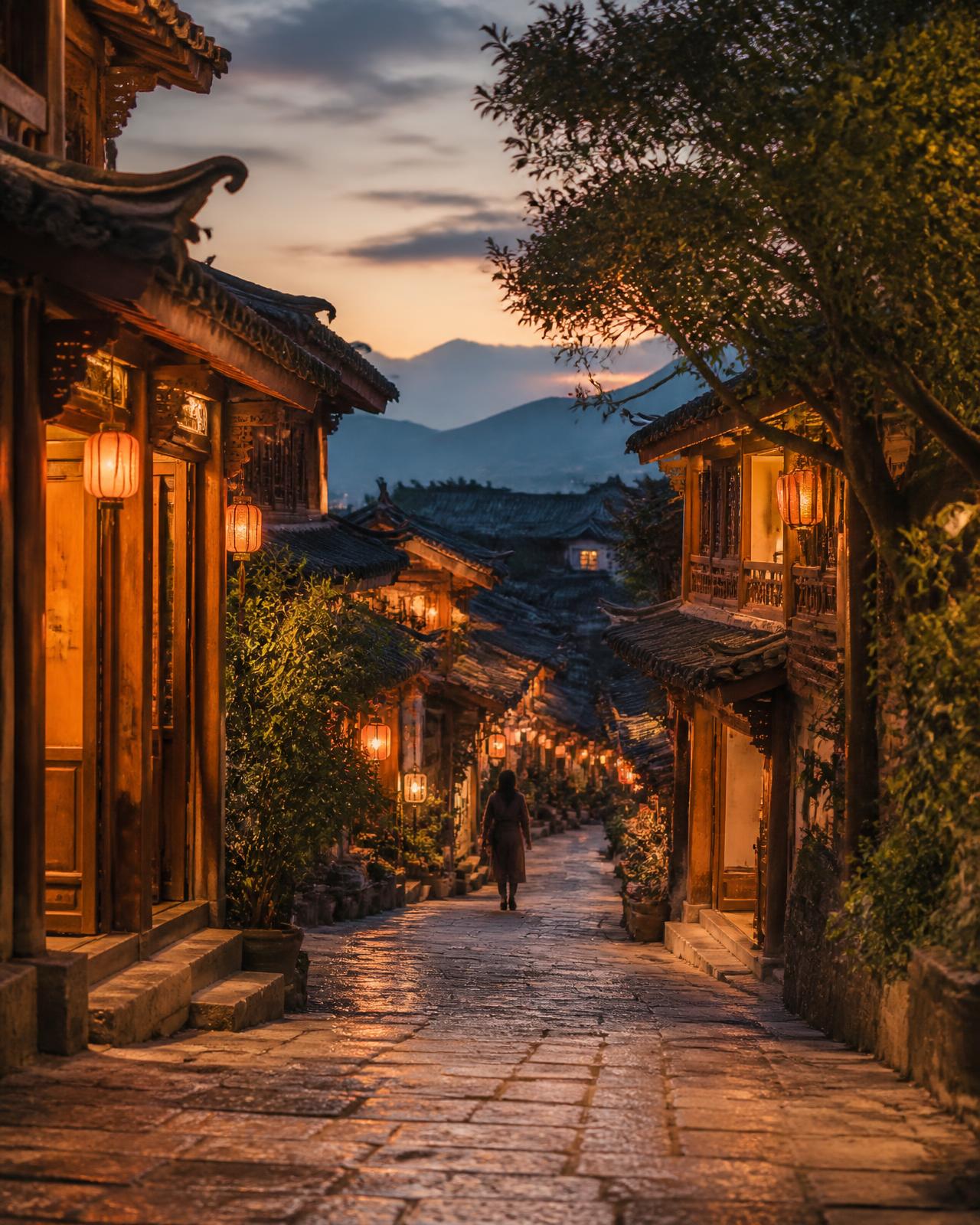 Lorong pekan lama bergaya tradisional Yunnan pada waktu senja