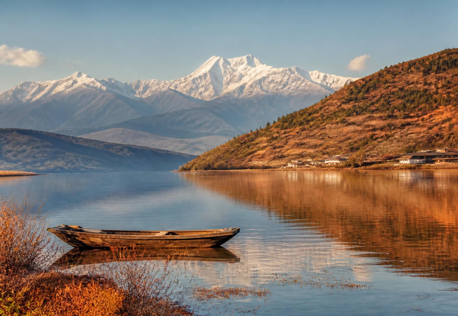 Tasik tanah tinggi dengan latar gunung bersalji di Yunnan
